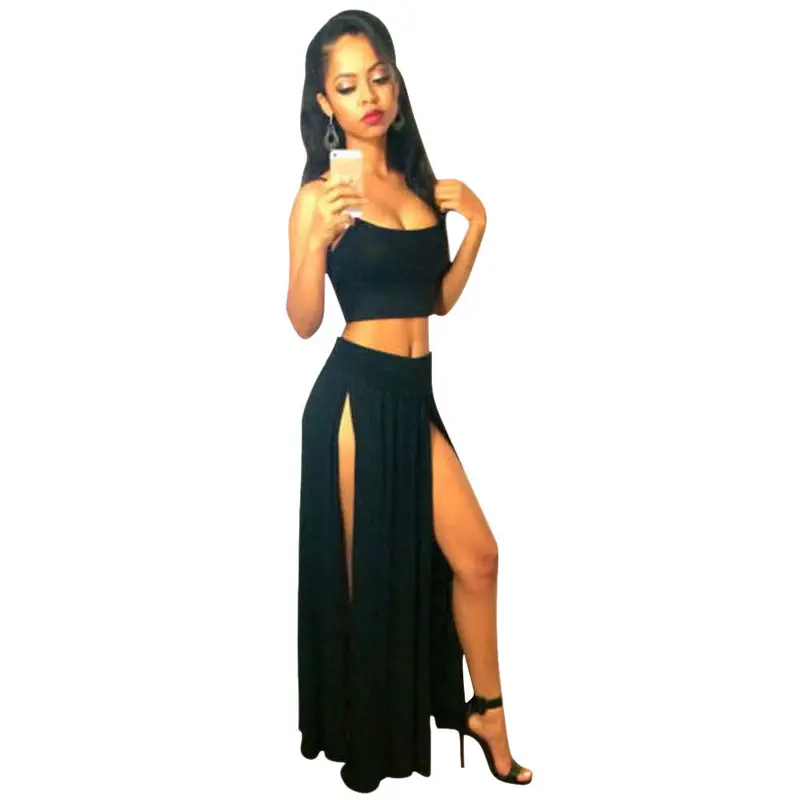 Women Sexy Jumpsuit Bodycon Club Party 2 Pieces Playsuit Slit Long Skirt 1