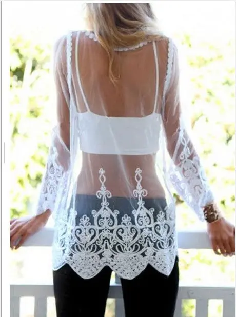 Women Sexy Lace Embroidered Blouse Translucent Chiffon Gauze Shirts Elegant Cropped Tops Sps160 4