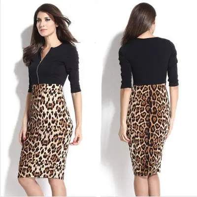 Women Sexy Leopard Patchwork Pencil Dress Zipper Slim V-Neck Ol Casual Dress Elegant Party Dresses Vestidos 1