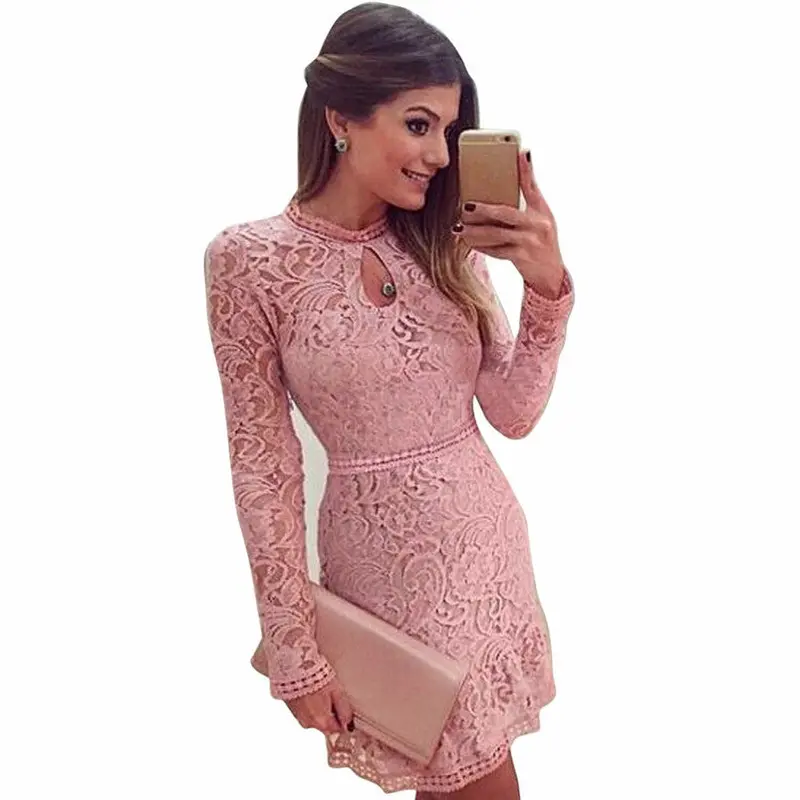 Women Sexy Pink Hollow Lace Long Sleeve Slim Dress Vintage Evening Party Dresses Elbise Fast Shippng Feida 1