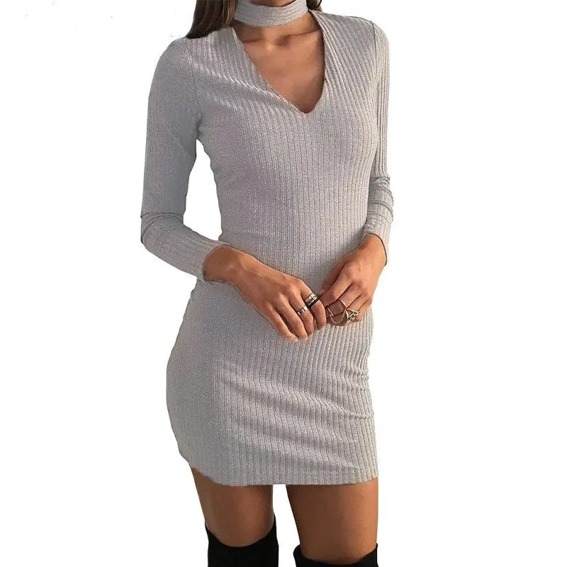 Women Sexy Slim Package Hip Clubwear Bandage Mini Dress Hollow Out V-Neck Long Sleeve Bodycon Vestidos M0609 6