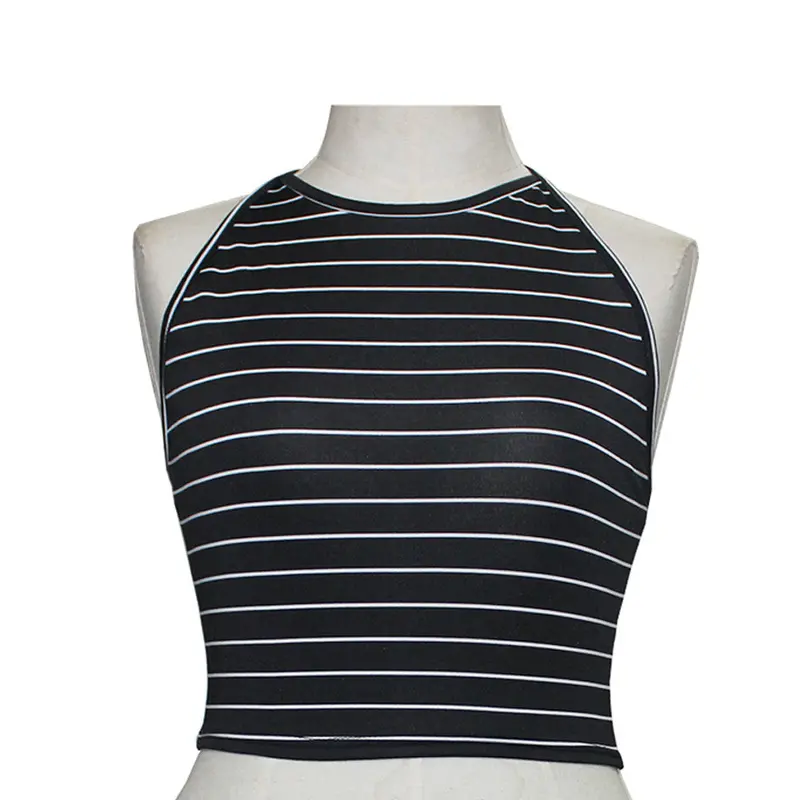 Women Sexy Stripe Print Tops Sleeveless Halterneck Crop Tops Tshirts Basic Casual Tees 3