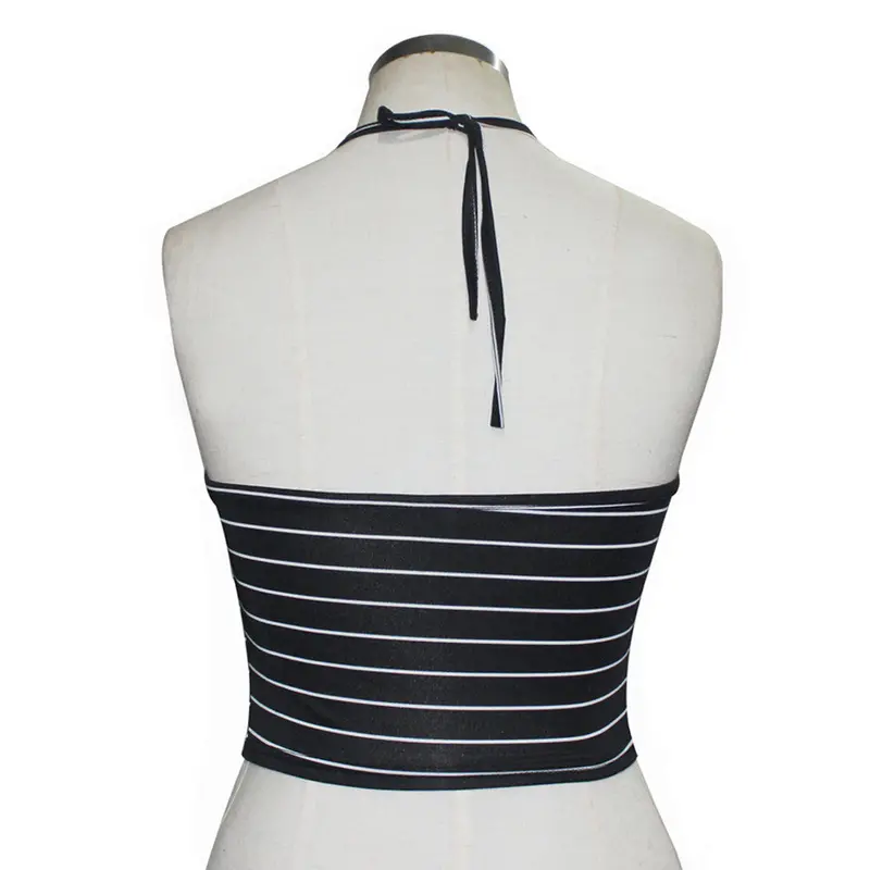 Women Sexy Stripe Print Tops Sleeveless Halterneck Crop Tops Tshirts Basic Casual Tees 4