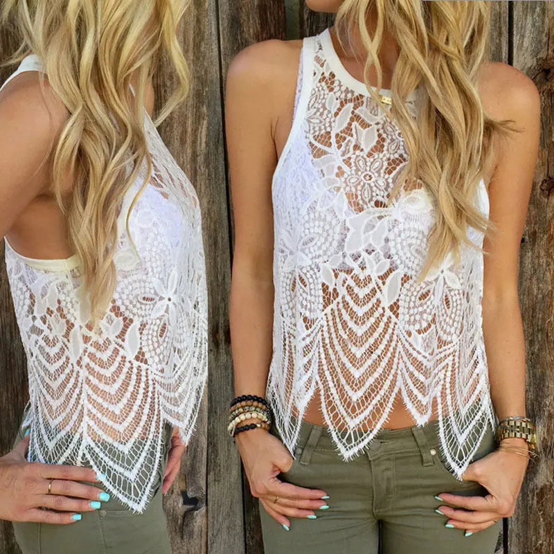 Women Sexy Vest Sleeveless Tank Top Plus Size Xl Lace Hollow Up White Vintage Shirt Beach Sunshine Outwear 2