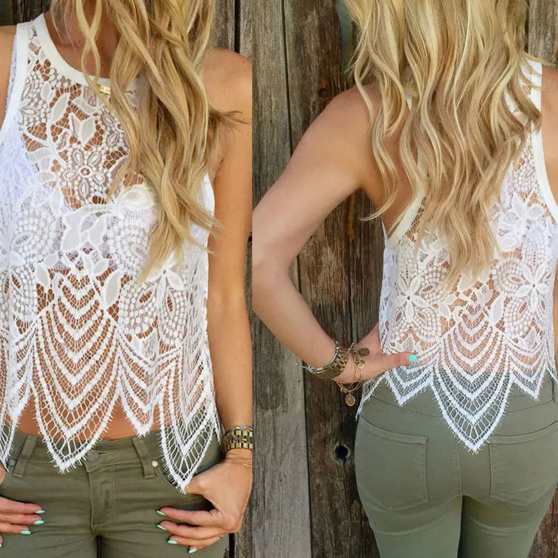 Women Sexy Vest Sleeveless Tank Top Plus Size Xl Lace Hollow Up White Vintage Shirt Beach Sunshine Outwear 3