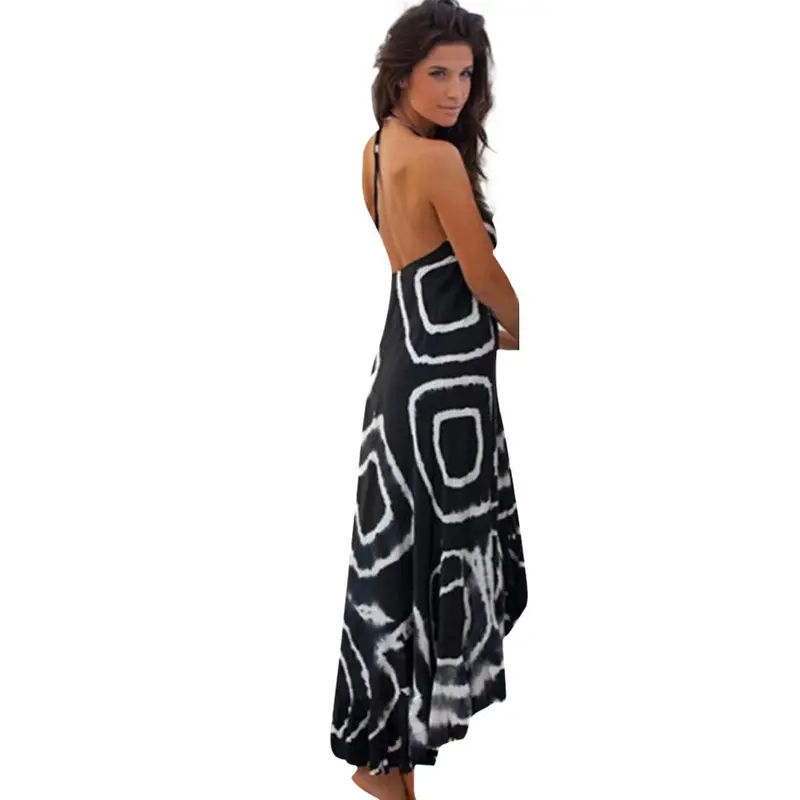 Women Sexy Vintage Sundress Print Halter Sleeveless Black Party Long Beach Dress Plus Size Feida 2