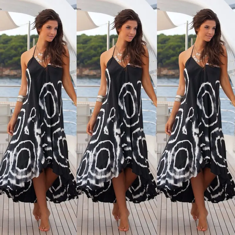 Women Sexy Vintage Sundress Print Halter Sleeveless Black Party Long Beach Dress Plus Size Feida 3