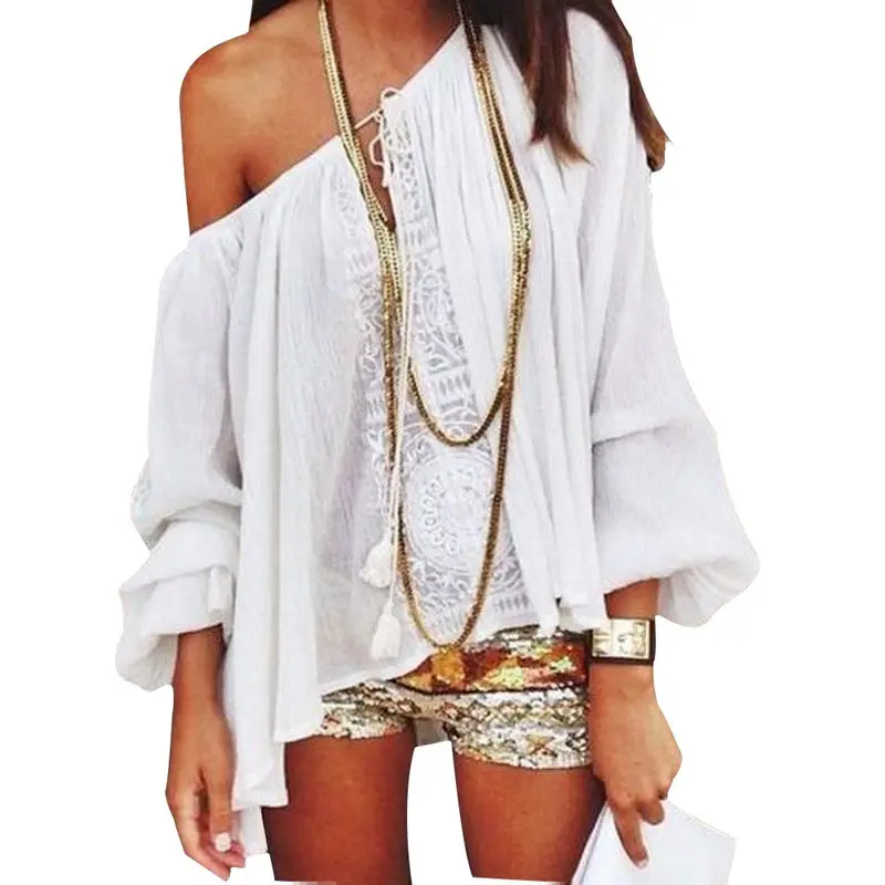 Women Sexy White Off Shoulder Tops Lace Crochet Chiffon Blouse Shirt S-Xl Casual Women's Shirt Feida 1