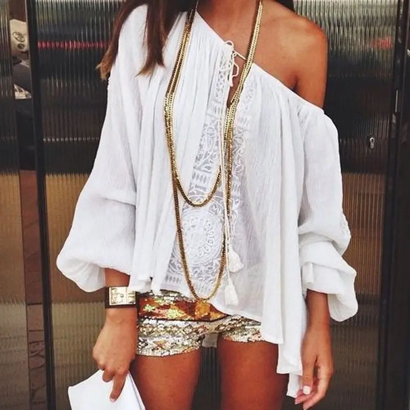 Women Sexy White Off Shoulder Tops Lace Crochet Chiffon Blouse Shirt S-Xl Casual Women's Shirt Feida 2