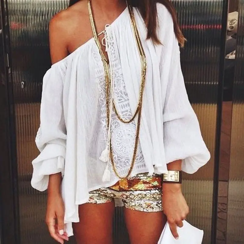 Women Sexy White Off Shoulder Tops Lace Crochet Chiffon Blouse Shirt S-Xl Casual Women's Shirt Feida 3