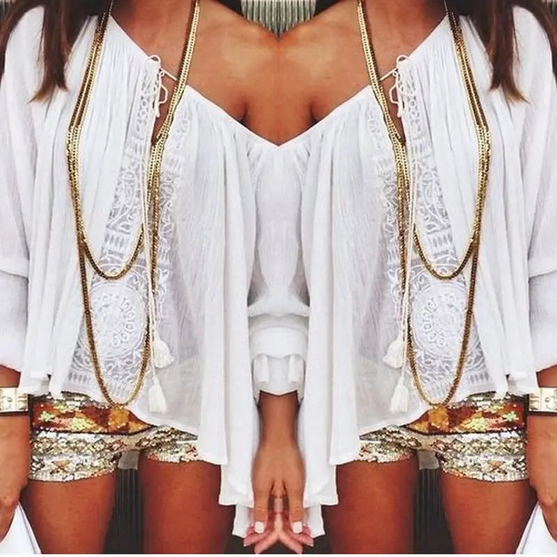 Women Sexy White Off Shoulder Tops Lace Crochet Chiffon Blouse Shirt S-Xl Casual Women's Shirt Feida 4