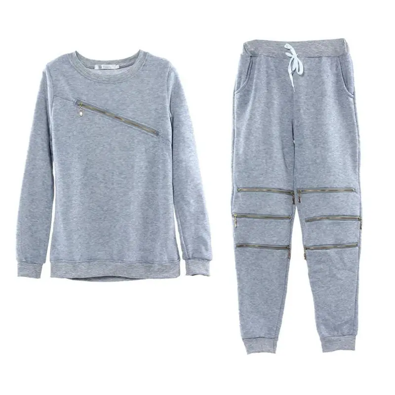 Women Sexy Zipper Leisure Round Neck Sweater Fleece T-Shirt And Trousers Two Pieces Suit Cloth 2