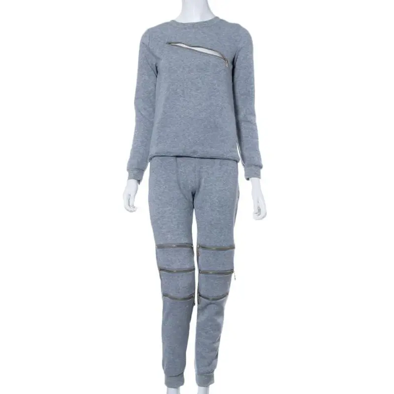 Women Sexy Zipper Leisure Round Neck Sweater Fleece T-Shirt And Trousers Two Pieces Suit Cloth 3