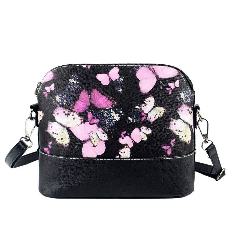 Women Shell Bag Shoulder Bag Butterfly Floral Print Crossbody Bag Pu Leather Zipper Closure Messenger Bag Black Bolsa 1