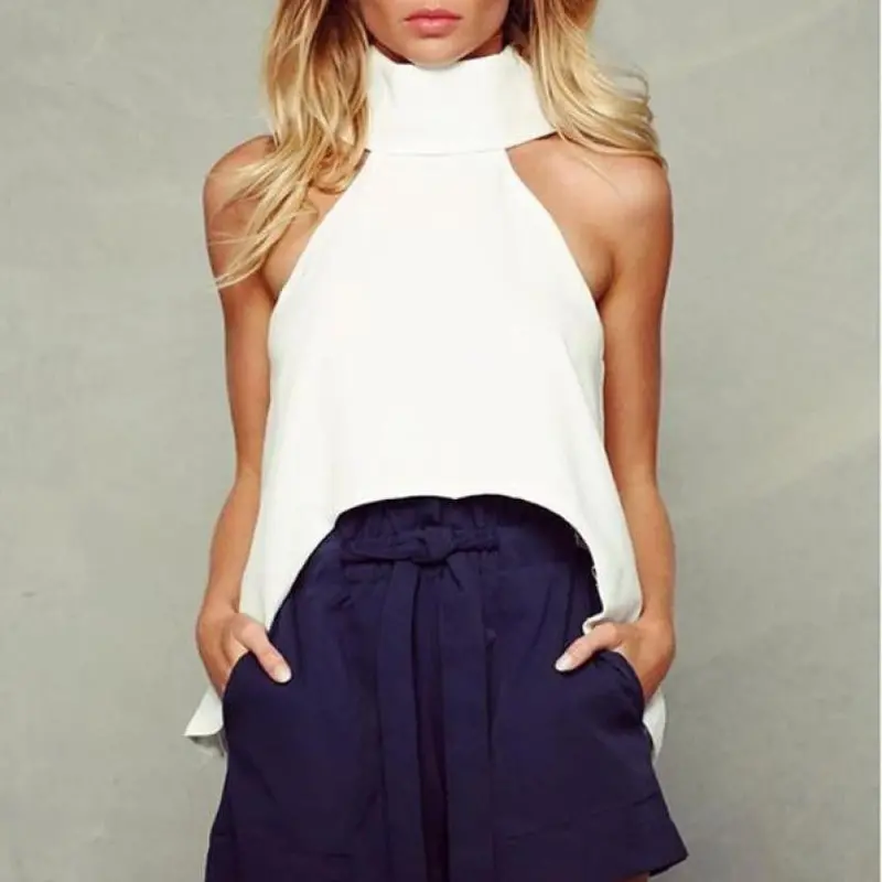 Women Shirts European Fashion Halter Sleeveless Ruffled Neck Blouse Women Elegant Tops 9