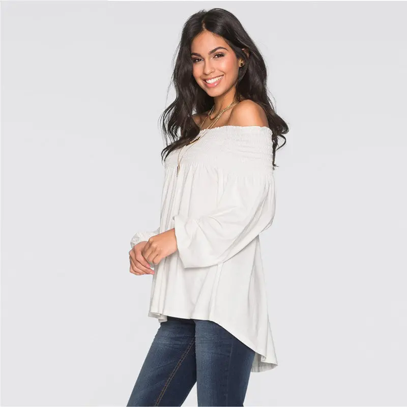 Women Shirts Off Shoulder Casual Loose Long Sleeve Shirt Women White Blouse Chemise Fast Shipping Feida 2