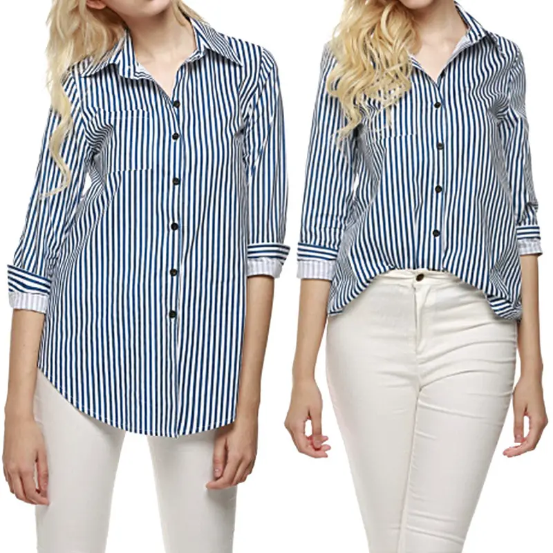 Women Shirts Turn-Down Collar Long Sleeve Tops Street Women Blouses Loose Stripes Blouses Casual Blusas Plus Size 2