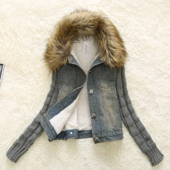 Women Short Denim Jacket Large Fur Collar Lamb Woolen Patchwork Denim Outerwear Women Jeans Coats Plus Size 1
