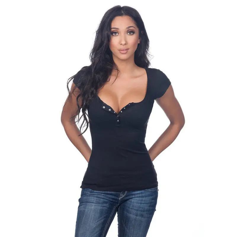 Women Short Sleeve T Shirt Multicolor Tight Buttons Open Chest T-Shirt V-Neck Women Clothing 1