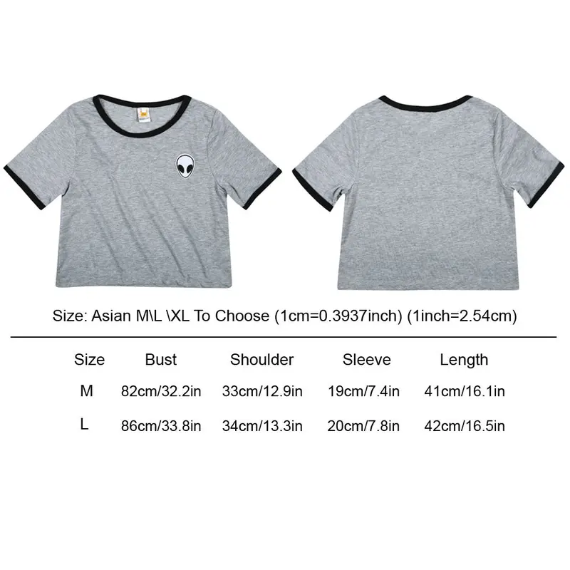 Women Short Sleeve Tee Stripes Or Alien Pattern Casual Crop Top Alien Printing Bare Midriff Cotton Blended T-Shirt 1
