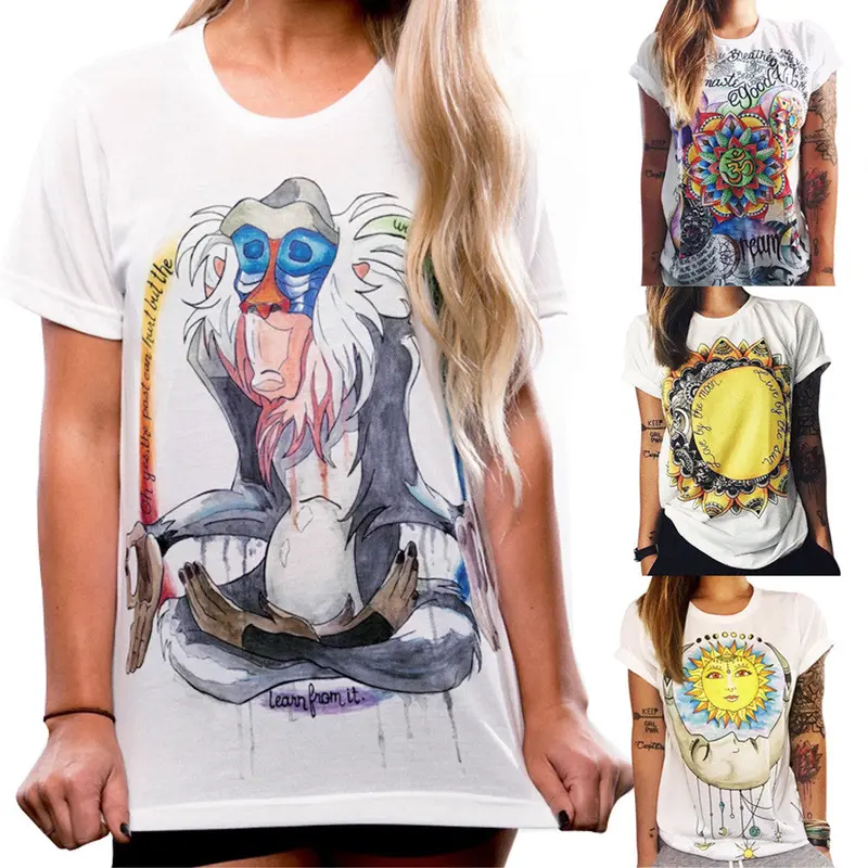 Women Short Sleeve Vintage Printed T Shirt Casual Loose Tee Cartoon Print T Shirt Women Blusa Crop Top 6
