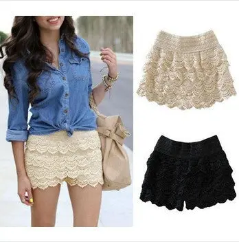 Women Shorts Cotton Crochet Lace Shorts Mercerized Lining Mini Lace Tiered Shorts 2