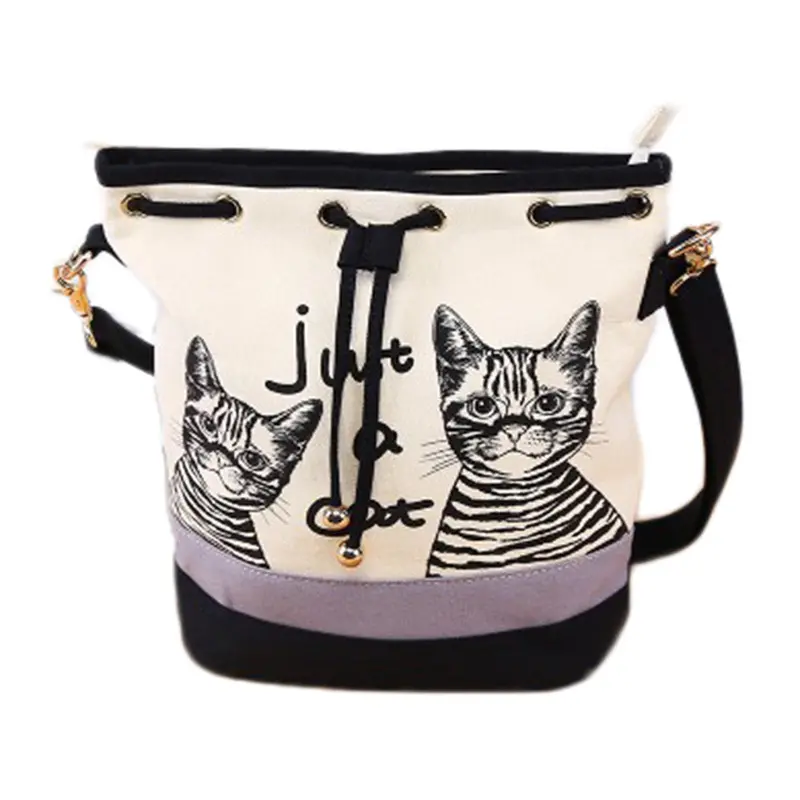 Women Shoulder Bags Printed Canvas Bucket Bag Retro Crossbody School Bags Hbags Cat Bag 1