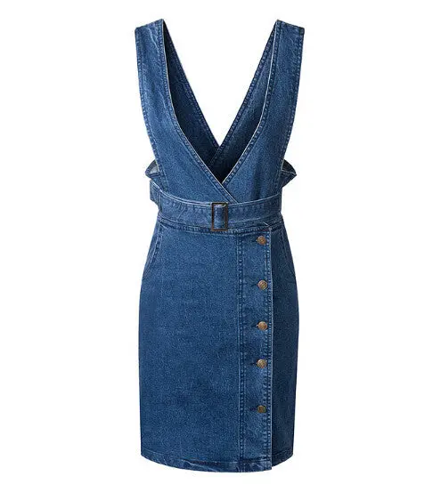 Women Side Slit High Waist Strap Bodycon Denim Dress V Neck Single Buttons Package Hips Romper Dresses S M L 1