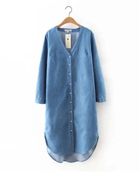 Women Single-Breasted Buttons Denim Dress V Neck Long Sleeve Long Dresses Blouse Shirt Dress Blue S M L 1