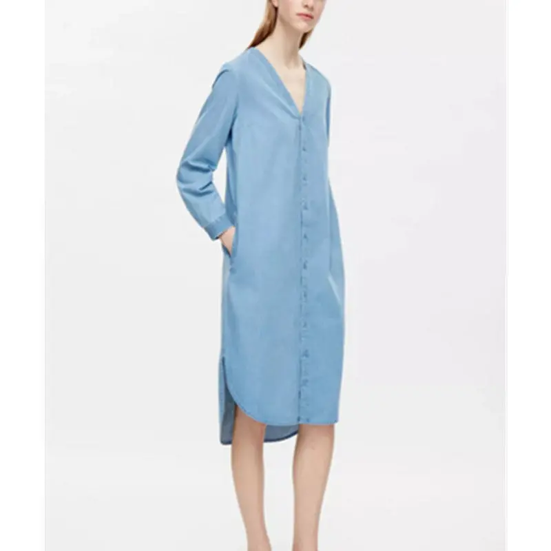 Women Single-Breasted Buttons Denim Dress V Neck Long Sleeve Long Dresses Blouse Shirt Dress Blue S M L 2
