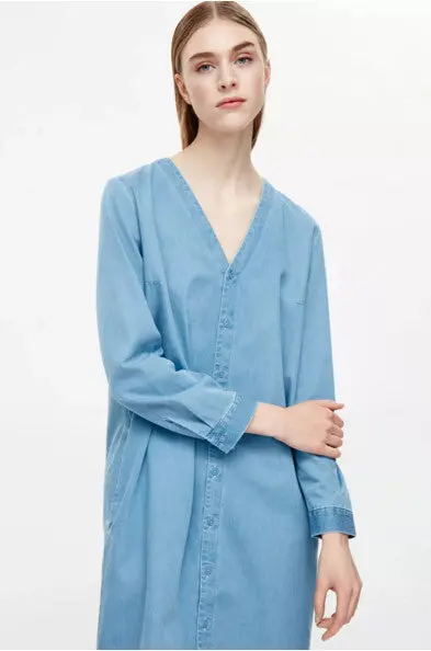 Women Single-Breasted Buttons Denim Dress V Neck Long Sleeve Long Dresses Blouse Shirt Dress Blue S M L 3