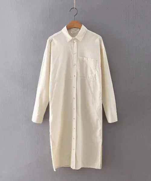 Women Single-Breasted Buttons Dress Lapel Pocket Side Slit Cotton Line Dresses Mid Long Blouse Shirt Dress S M L 1