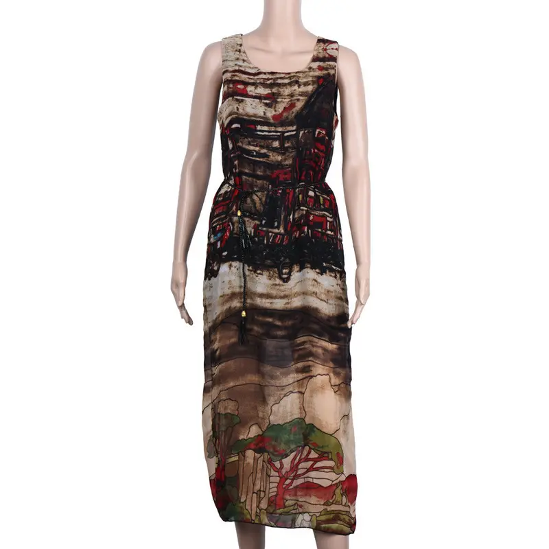 Women Sleeveless Chiffon Long Retro Elegant House Casual Beach Sundress Dress Robe Feida 2