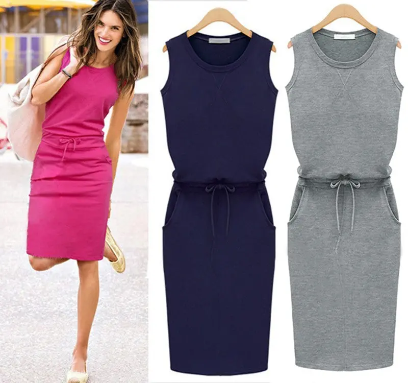 Women Sleeveless Knee-Length Dresses Pockets With Belt Pencil Casual Vest Dress J2218 4