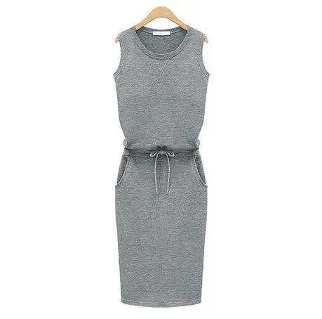 Women Sleeveless Knee-Length Dresses Pockets With Belt Pencil Casual Vest Dress J2218 5