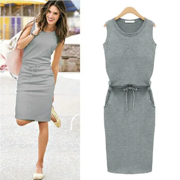 Women Sleeveless Knee-Length Dresses Pockets With Belt Pencil Casual Vest Dress J2218 5