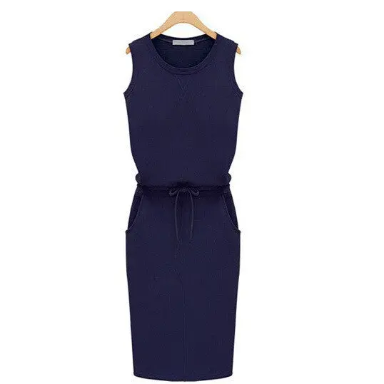 Women Sleeveless Knee-Length Dresses Pockets With Belt Pencil Casual Vest Dress J2218 7