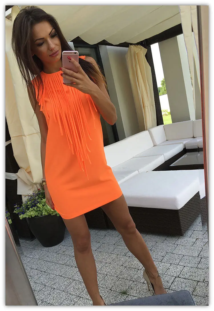 Women Sleeveless O-Neck Solid Tassel Dress 3 Color Women Slim Straight Mini Dress X0375 1