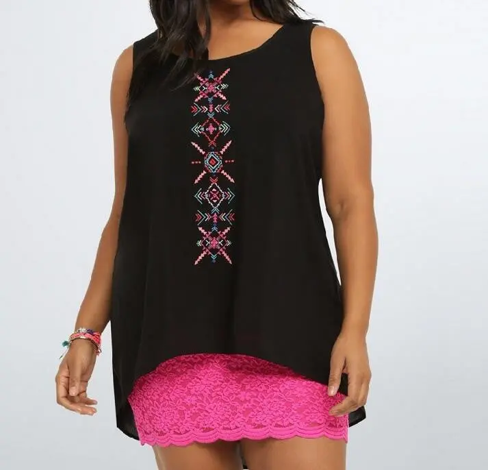 Women Sleeveless Sexy Blouse Big Size Women Clothing Black Lace Patchwork Casual Loose Tank Top Chiffon Blusas M0136 7