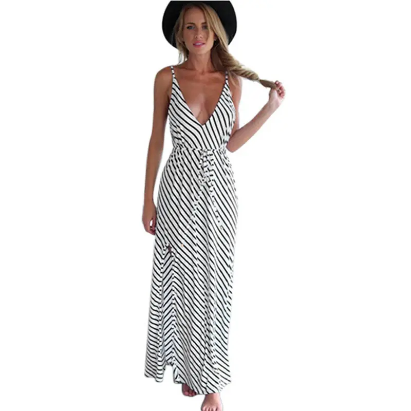 Women Sleeveless Striped Dress Sexy Long Maxi Dress Beach Sundress Party Dress Clothing 1