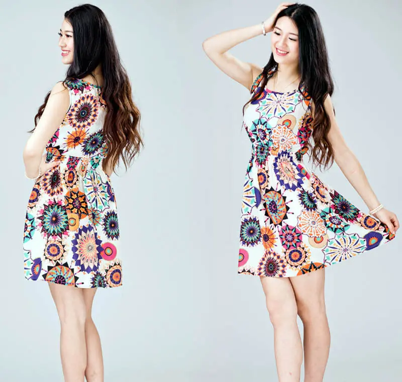 Women Sleeveless Sunflower Print Lady Casual Beach Mini Dresses Feida 1