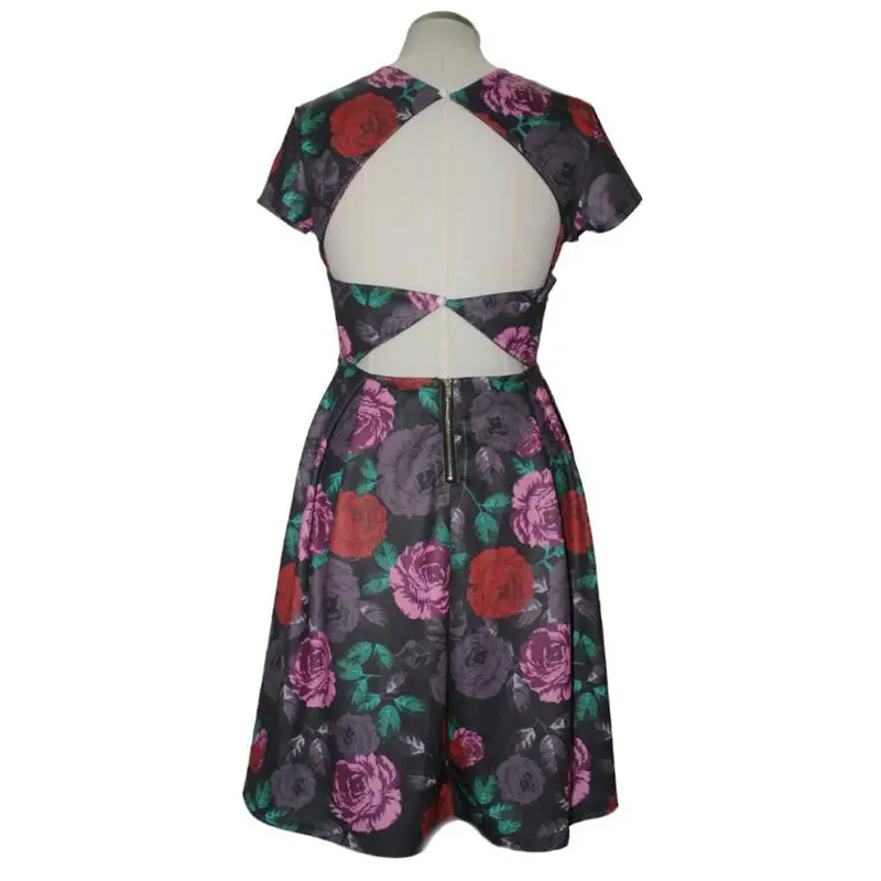 Women Slim Floral Print Dresses Elegant Short Sleeve Backless Dress Sexy Bodycon Mini Dress 3