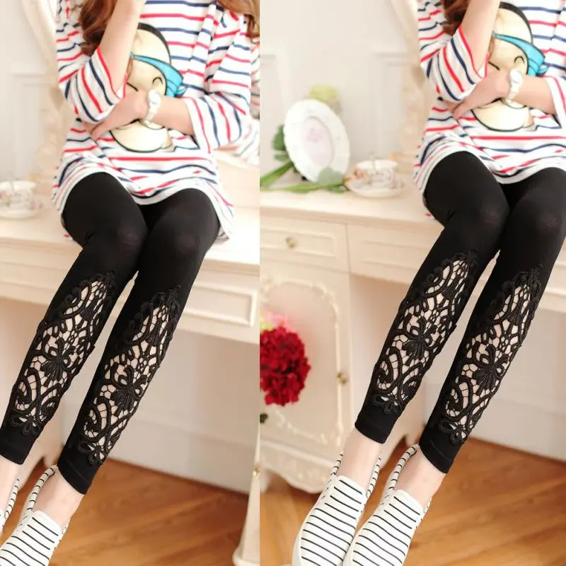 Women Slim Modal Cozy Cotton Knitted Leggings Hollow Out Lace Pants Mid Waist Trousers 1