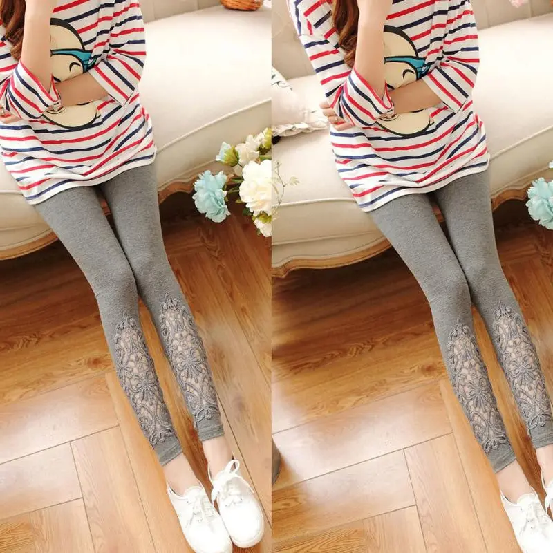 Women Slim Modal Cozy Cotton Knitted Leggings Hollow Out Lace Pants Mid Waist Trousers 2
