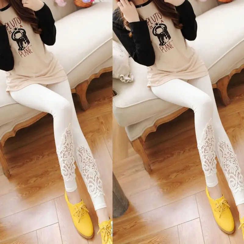 Women Slim Modal Cozy Cotton Knitted Leggings Hollow Out Lace Pants Mid Waist Trousers 4