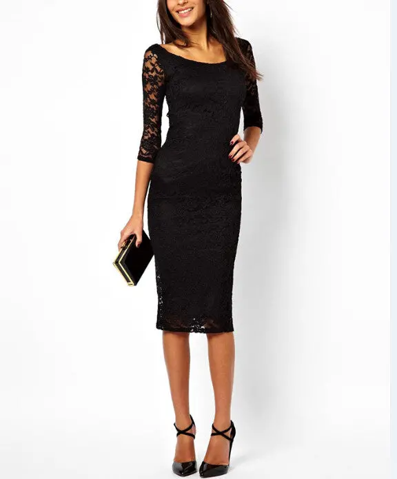 Women Slim Sexy Dresses Vestidos Women Half Lace Sleeve Patchwork Knee-Length Dress X0300 1