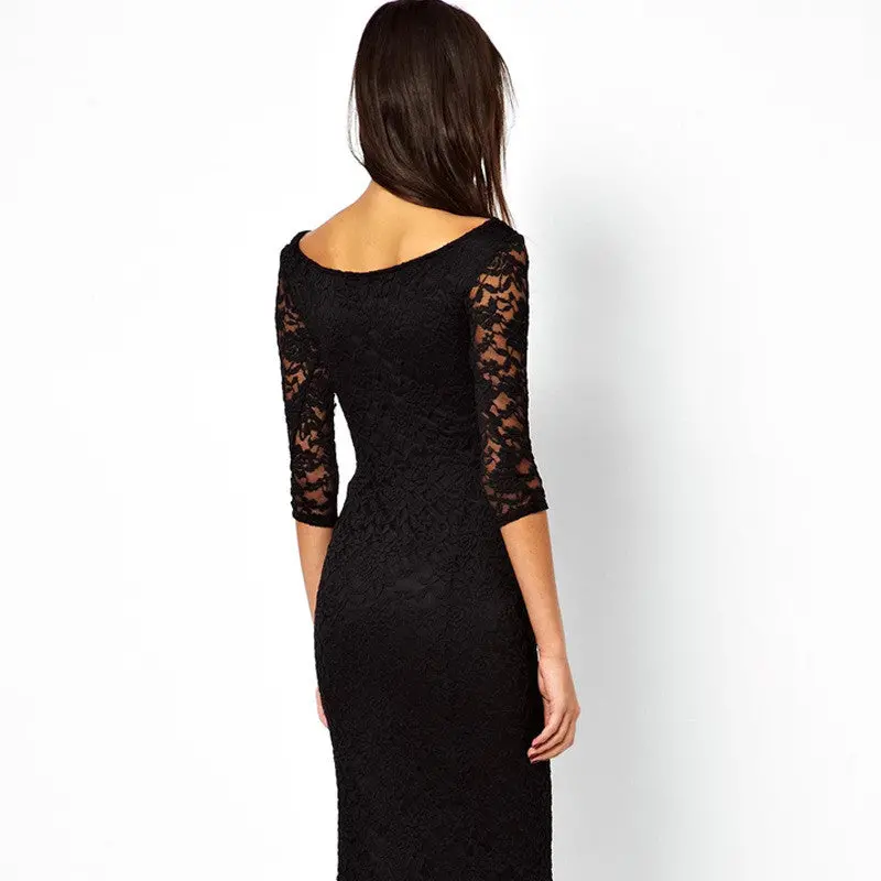 Women Slim Sexy Dresses Vestidos Women Half Lace Sleeve Patchwork Knee-Length Dress X0300 6
