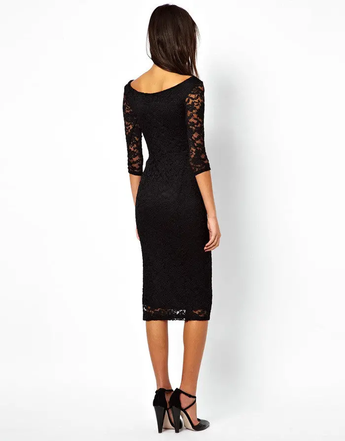 Women Slim Sexy Dresses Vestidos Women Half Lace Sleeve Patchwork Knee-Length Dress X0300 7