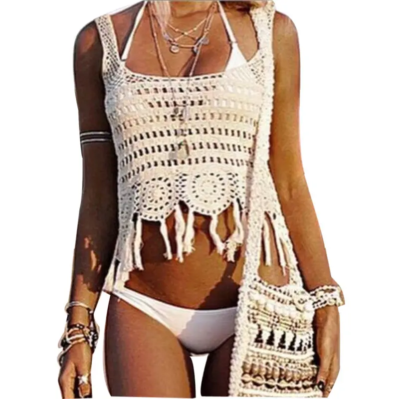 Women Sling Bikini Outwear Sexy Women Crop Tops Outside The Ride Hollow Fringed Vest Casual Beach Tops 1