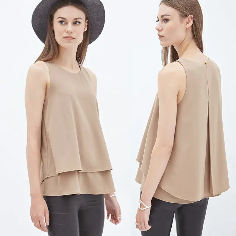 Women Slit Double Bottom Sleeveless Shirt Doll Chiffon Blouse Tops 1